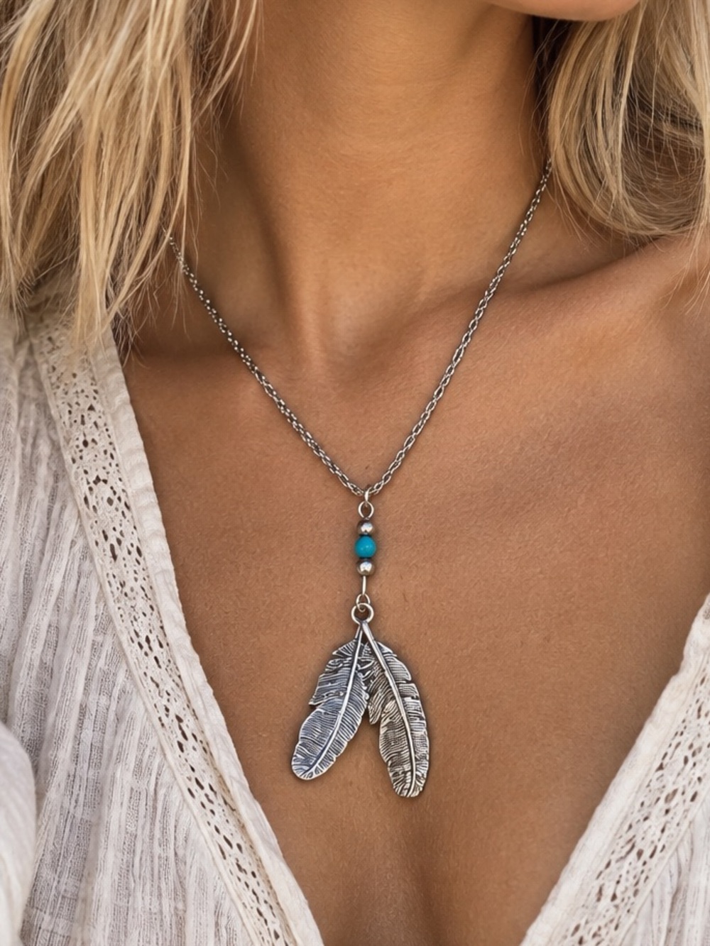 Silver Feather Pendant Necklace with Turquoise Beads - Women Jewelry